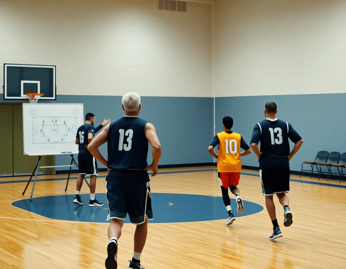 Coach explique une tactique sur le tableau; le logiciel basket est visible et les joueurs restent.