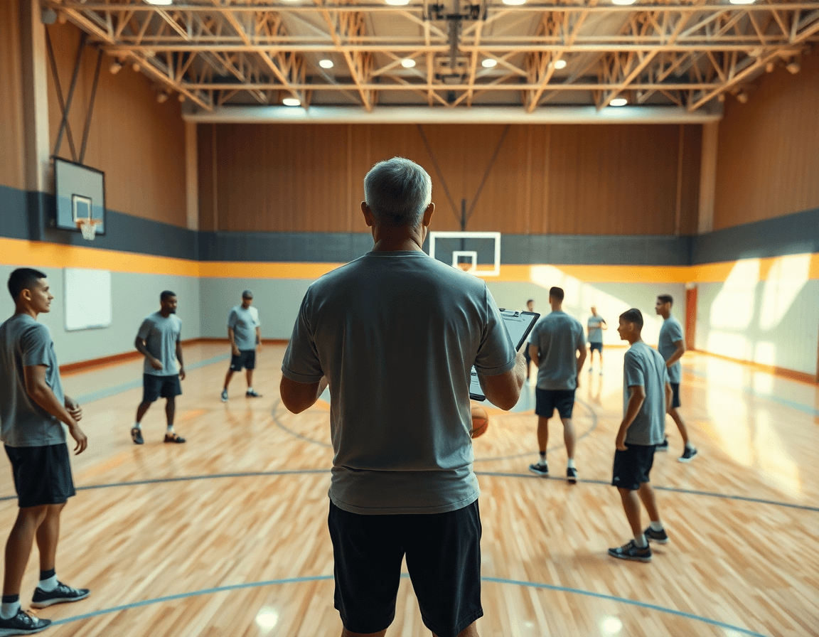 Vue panoramique d'une salle de basket où le coach consulte le logiciel basket pendant l'entraînement collectif.