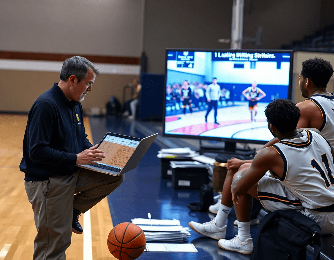 Plan d'ensemble: match basket preparation coupe du monde, coach consulte des rapports sur ordinateur.