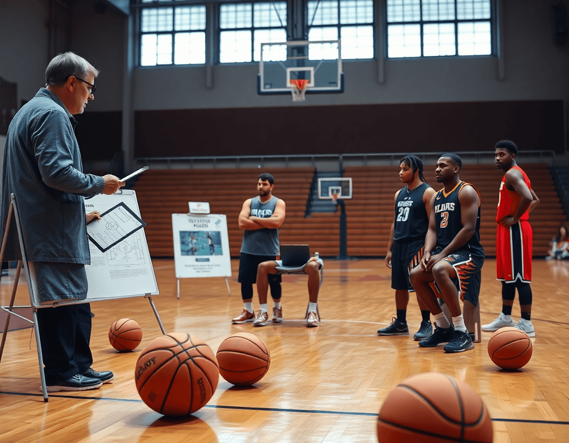 Coach et joueurs regardant match preparation basket euro 2025 sur tablette pendant une séance de basketball.