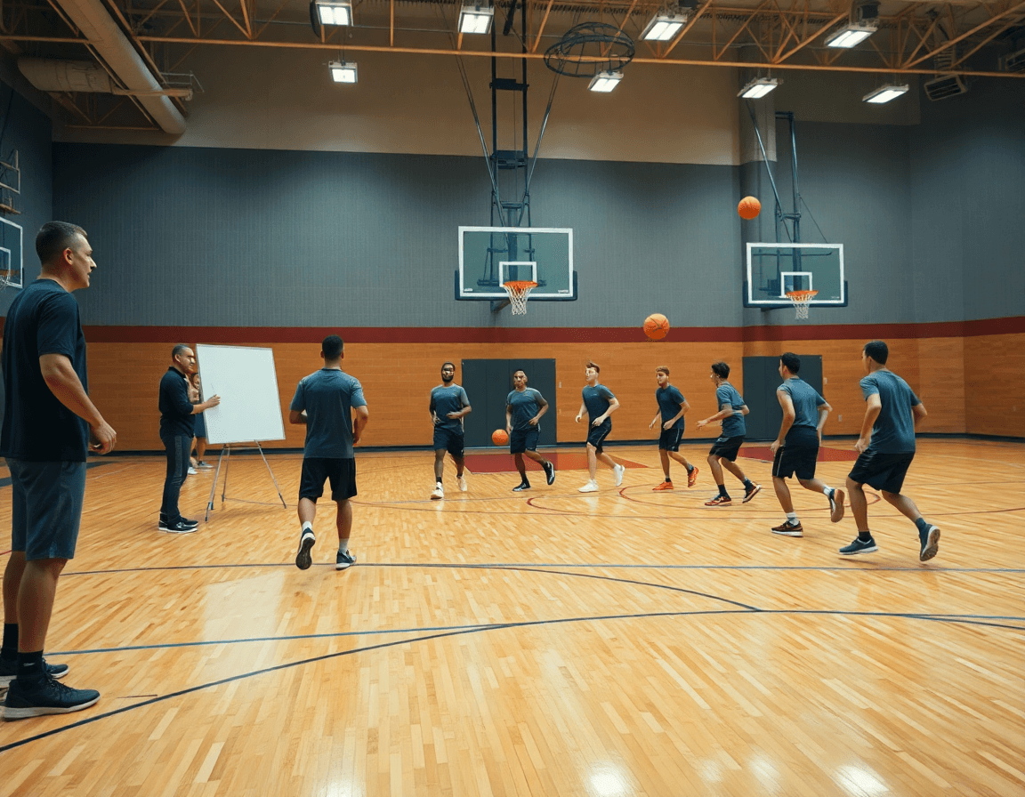 Plan large sur match preparation basket euro 2025 dans une grande salle de basketball.