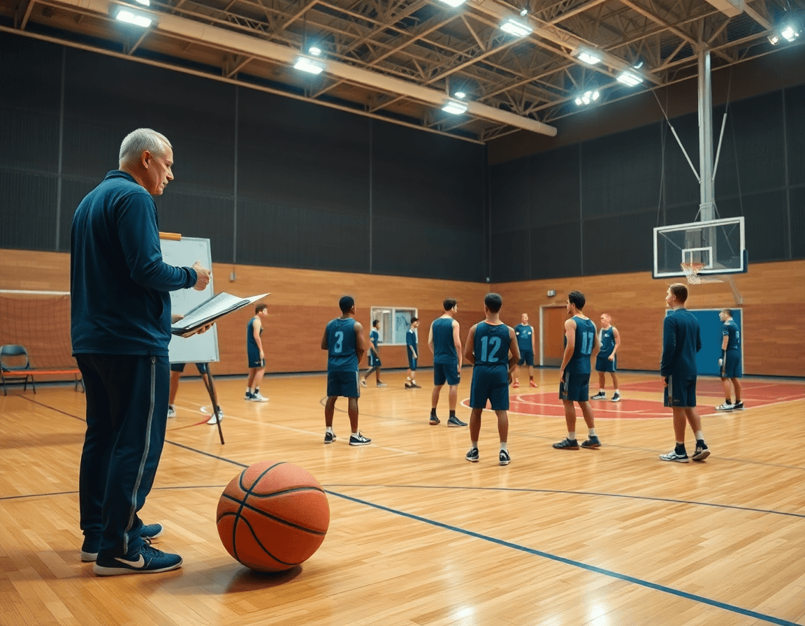 Vue large d'un entraînement de basketball pour le match preparation basket euro, coach et joueurs concentrés.