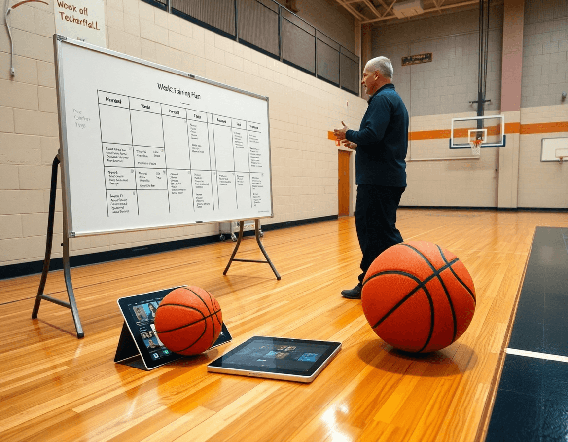 Plan de semaine de travail match preparation basket feminin sur la cour, coach et joueurs autour d'un tableau.