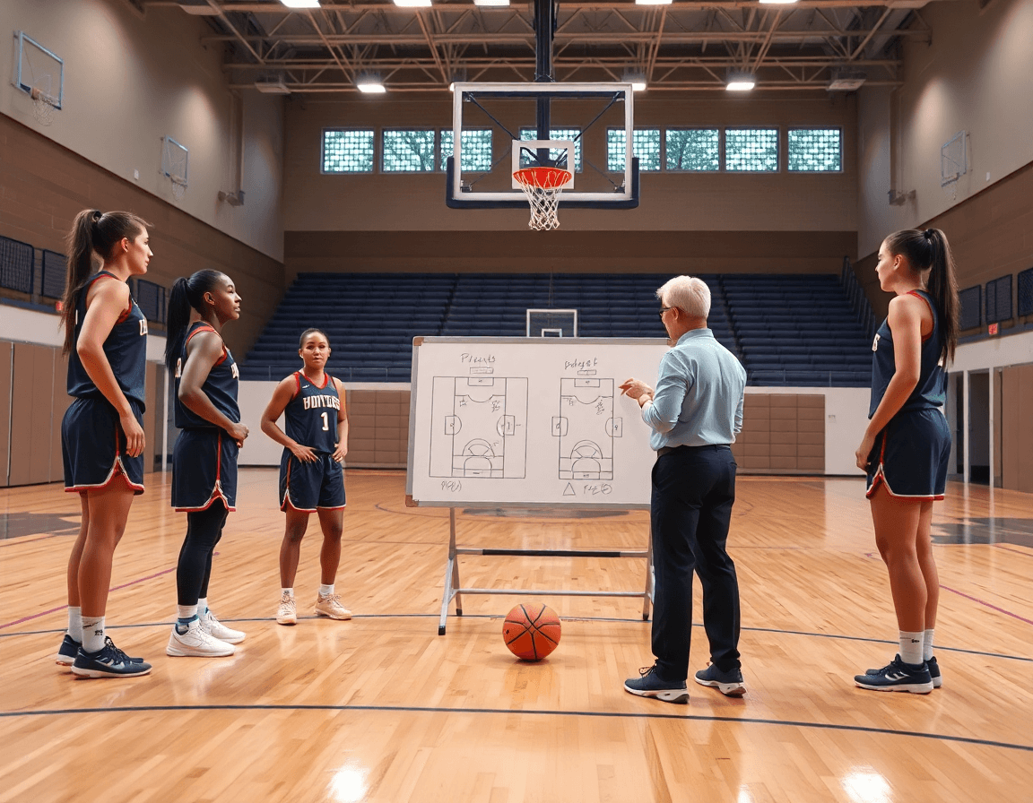 Vues des tactiques du match preparation basket feminin: cinq joueuses entourent un tableau tactique.