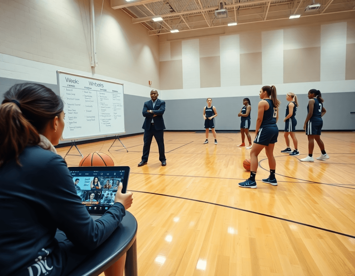 Plan serré sur match preparation basket feminin sur la cour, entraîneur et équipe autour d'un tableau.