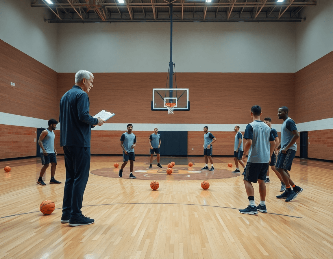 match preparation basket france espagne: l'entraîneur organise une séance stratégique sur le parquet du gymnase.