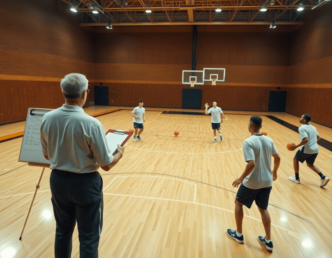 Match preparation basket france grece: coach et l'équipe en entraînement dans un gymnase de basketball.