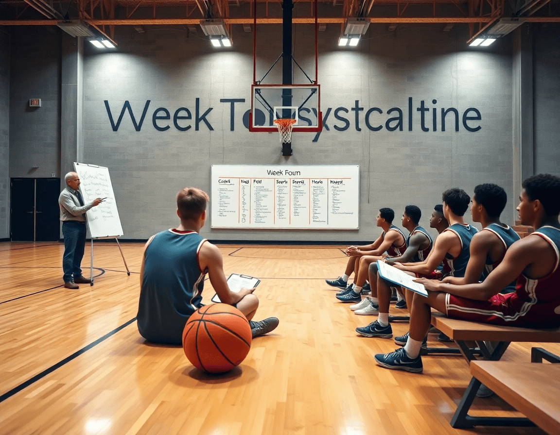 Match preparation basket france en action: entraîneur et joueurs autour d'un calendrier et d'un tableau.