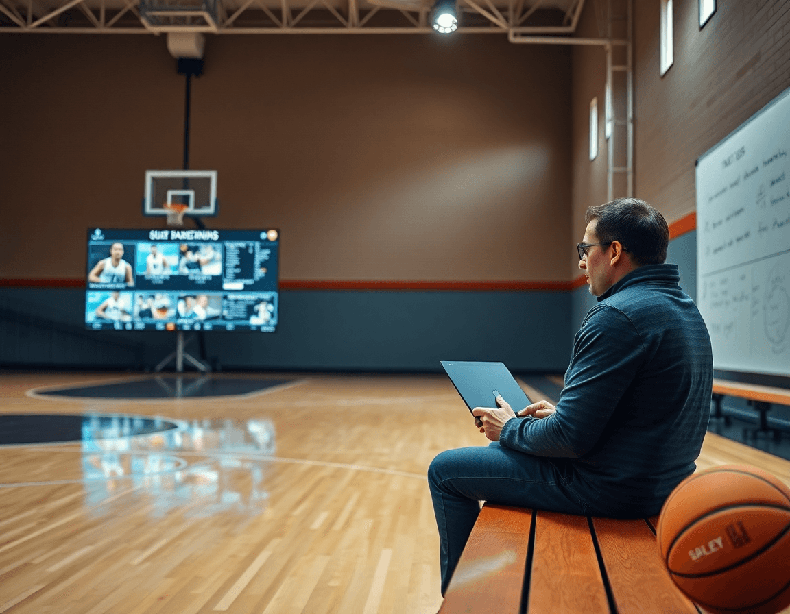 Équipe et coach analysent des clips de basketball pour le match preparation basket france et la tactique.