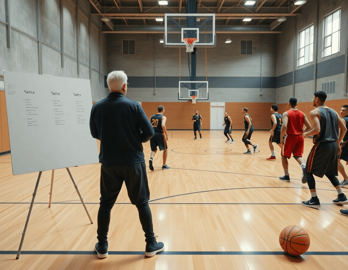 Plan large sur le match preparation basket france dans un gymnase, entraîneur dirigeant l'équipe.