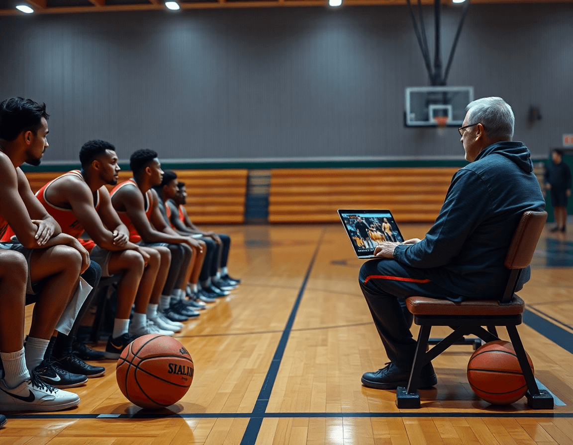 Analyse vidéo en salle de basketball: le coach montre les clips à l'équipe.