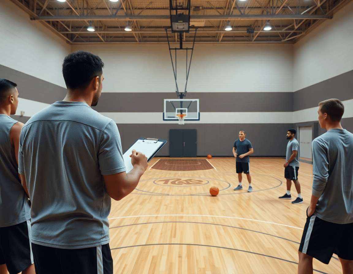 Vue large d'un gymnase, match preparation basket france homme en cours avec coach et équipe.