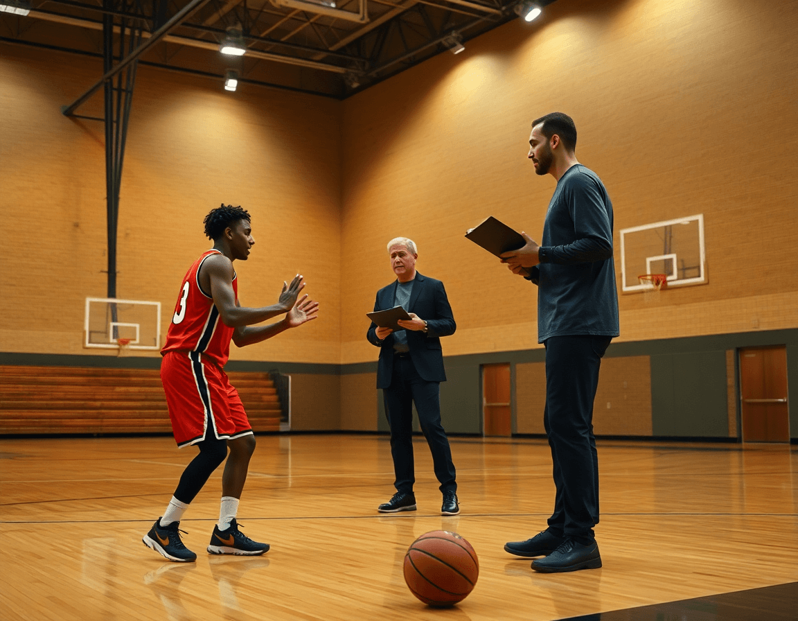 Deux joueurs executent un ecran pres de la cle; l'entraineur donne les instructions du match preparation basket masculin.