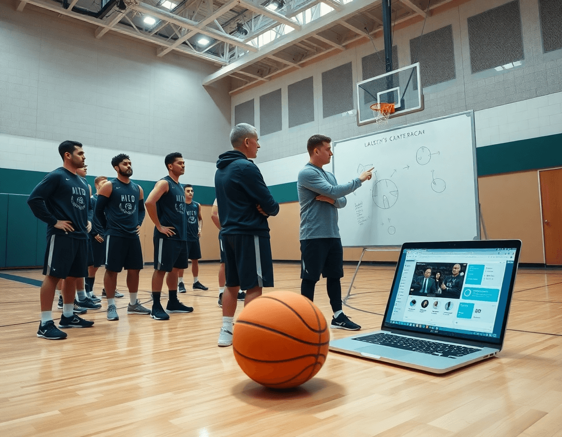 Vue d’ensemble du match preparation basket masculin en gym, coach dirigeant et joueurs.