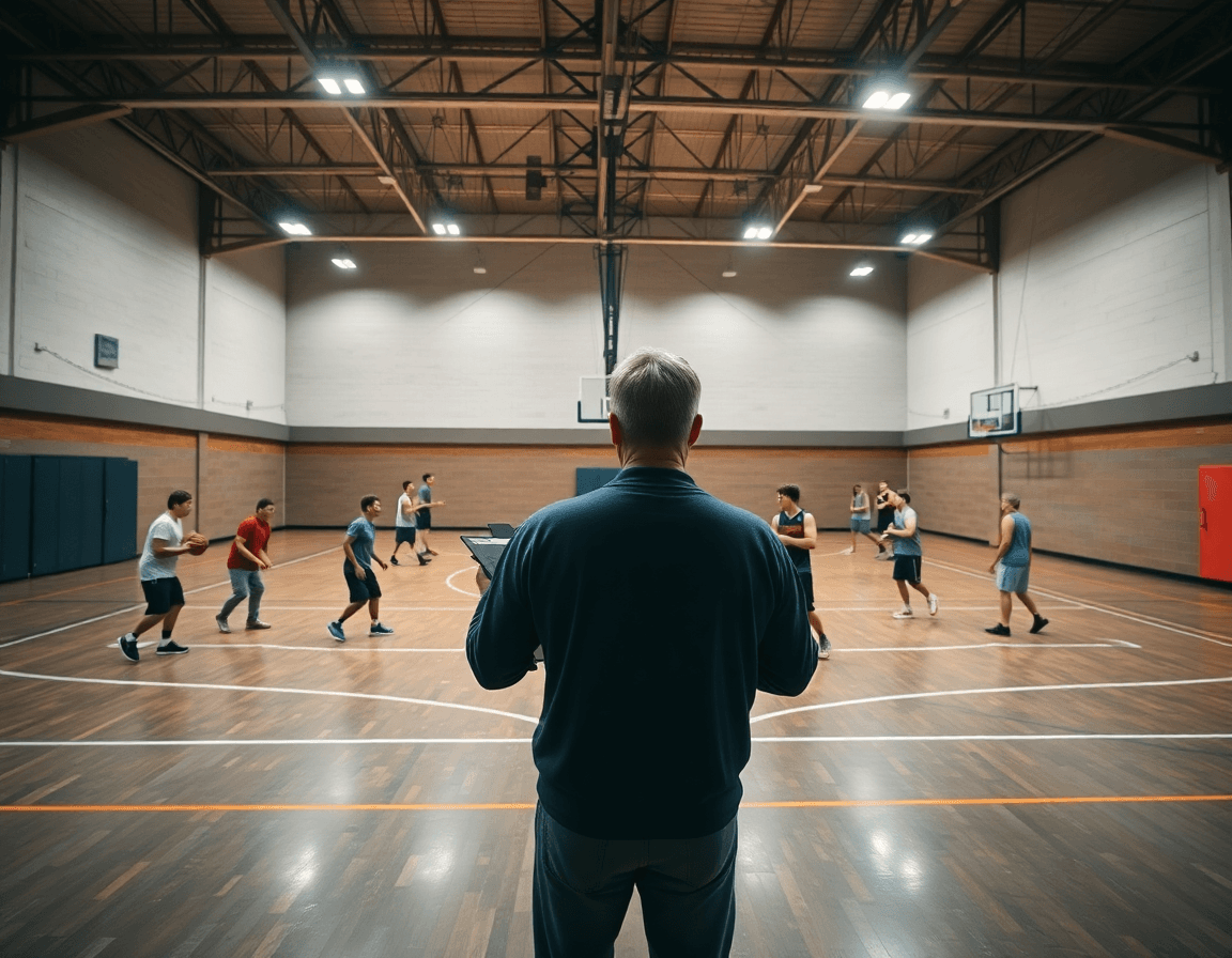 Scène panoramique d'une salle de basket réelle, coach et équipe autour du panier, meilleur basket, plan d'entraînement.