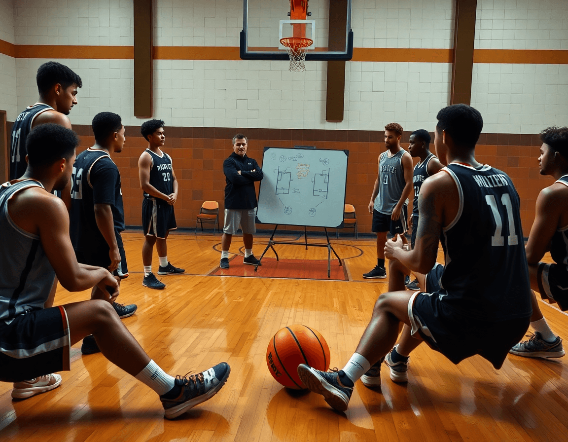Coach écrit sur le tableau blanc tactique pendant que les joueurs suivent, logiciel entrainement basket prêt.