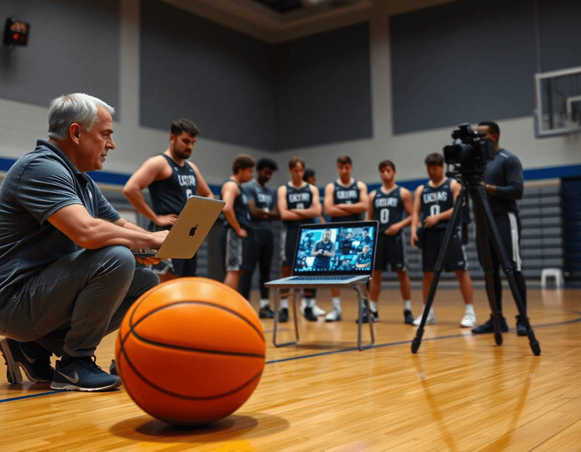 Révision vidéo dans le gymnase: coach et joueurs regardent des clips, logiciel entrainement basket à portée.