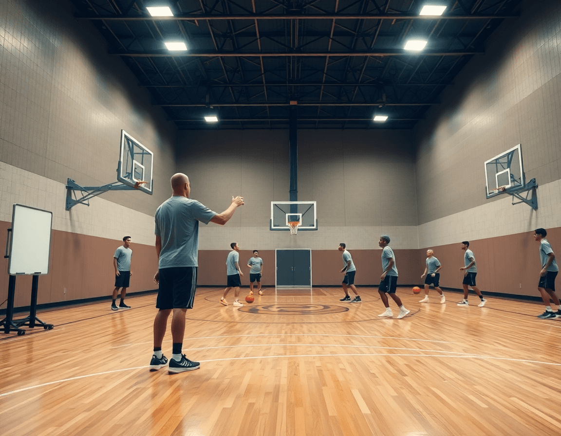 Vue large du gymnase de basket-ball montrant le logiciel entrainement basket sur le bord du terrain.