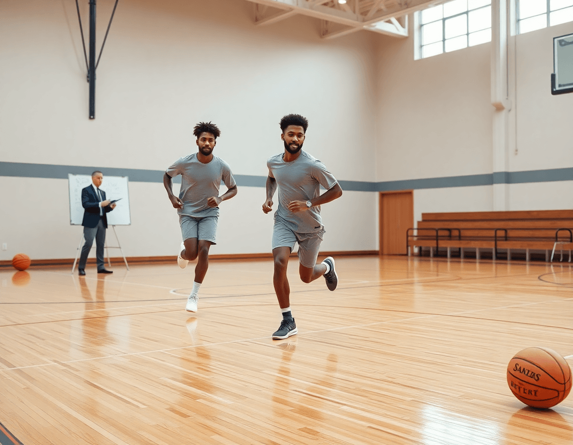 Deux joueurs exécutent une contre-attaque rapide sur le terrain, illustrant un pas cher basket en action.