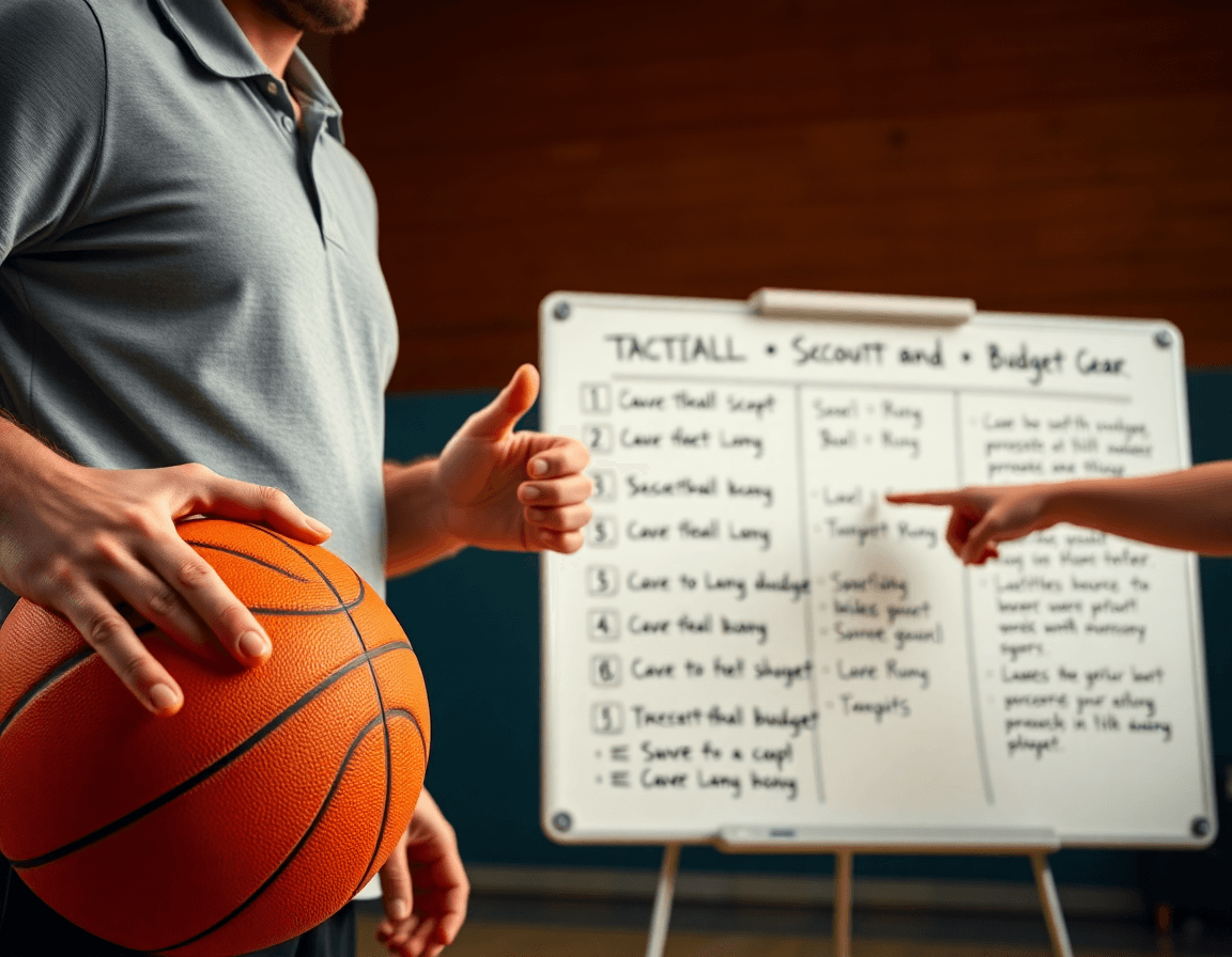 Plan rapproché sur les mains tenant une balle orange, coach indiquant une ligne tactique pour basketball.