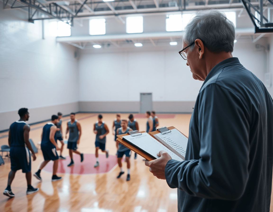 Vue d’ensemble d’un entraînement en plein gym, basketball en mouvement et organisation du matériel.