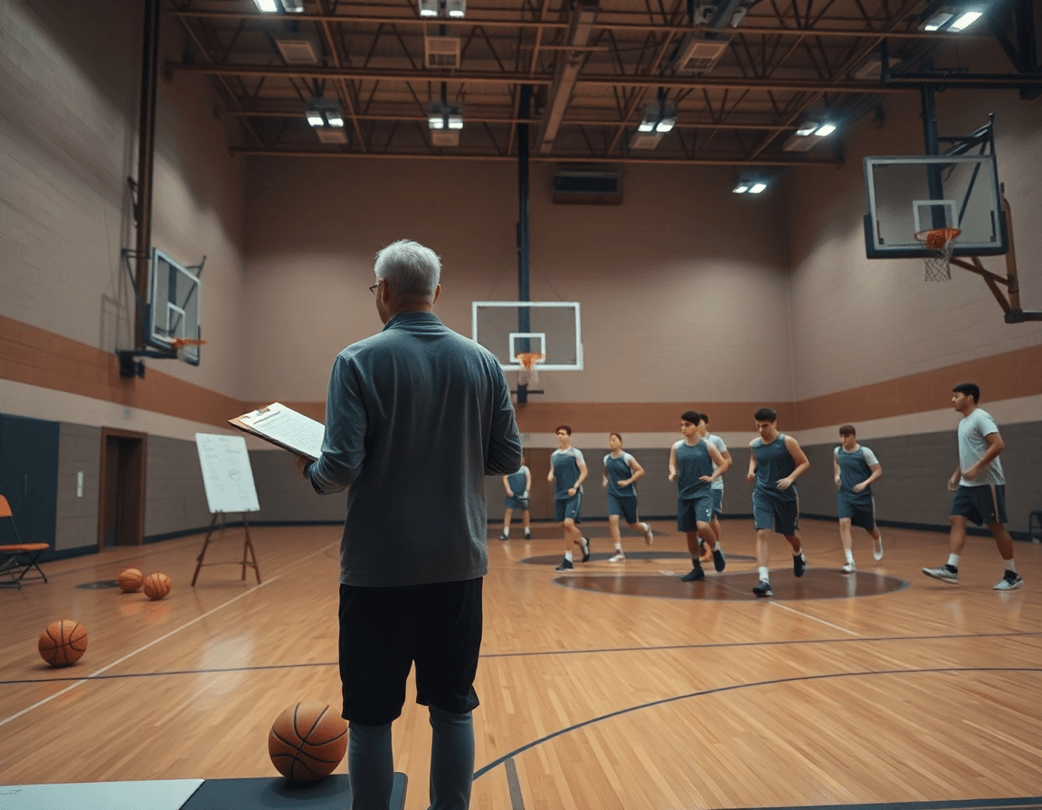 Pas cher basket sur le terrain, coach vérifiant le plan matériel basketball en gym.
