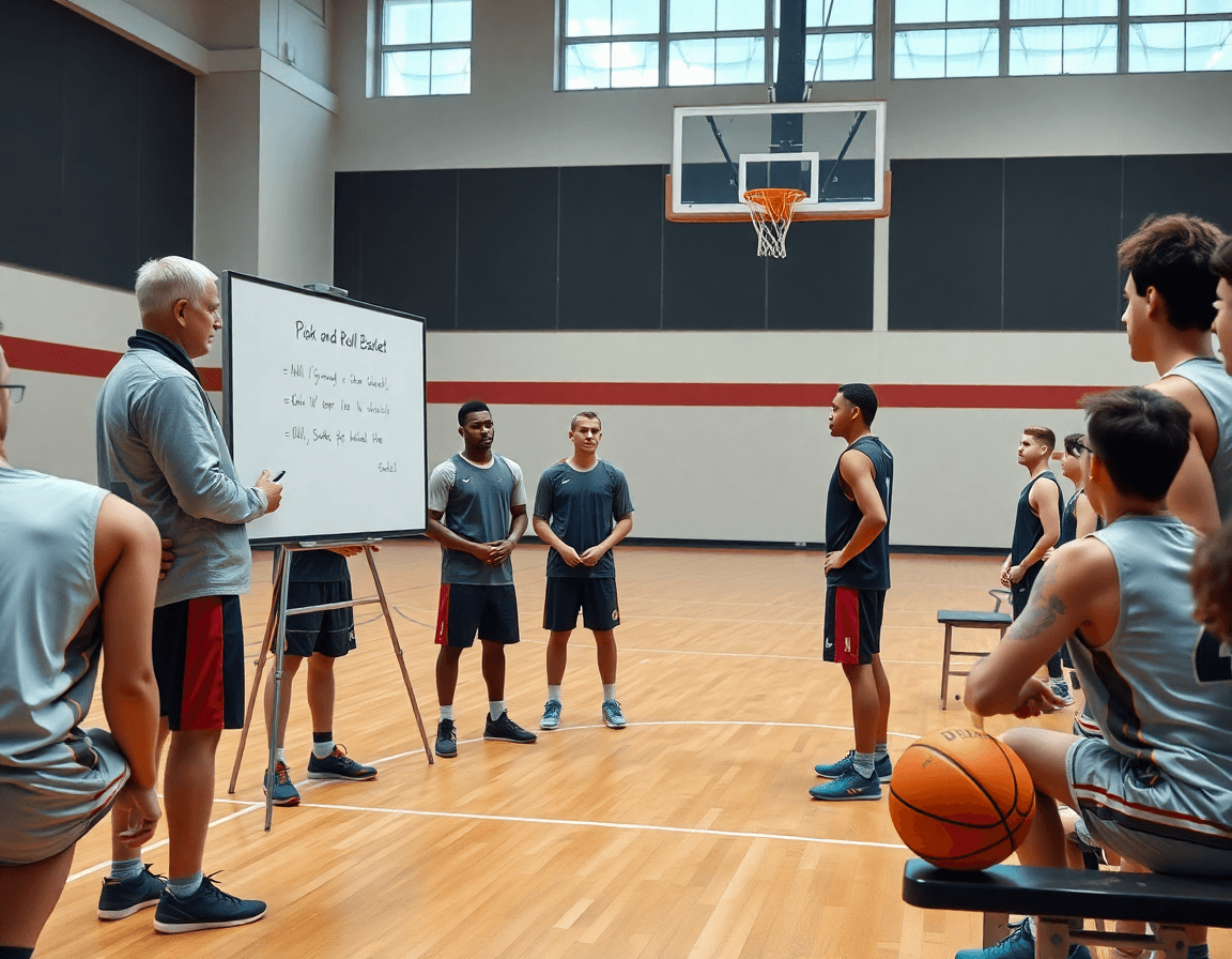 Coach debout devant un tableau blanc, expliquant le pick and roll basket à l'équipe.