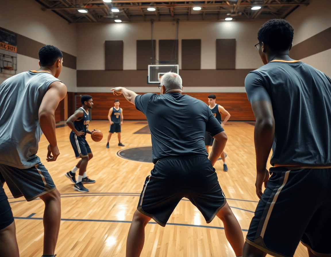 Joueurs en défense attentive, lisant l'espace pendant que l'entraîneur montre les réactions du pick and roll basket.