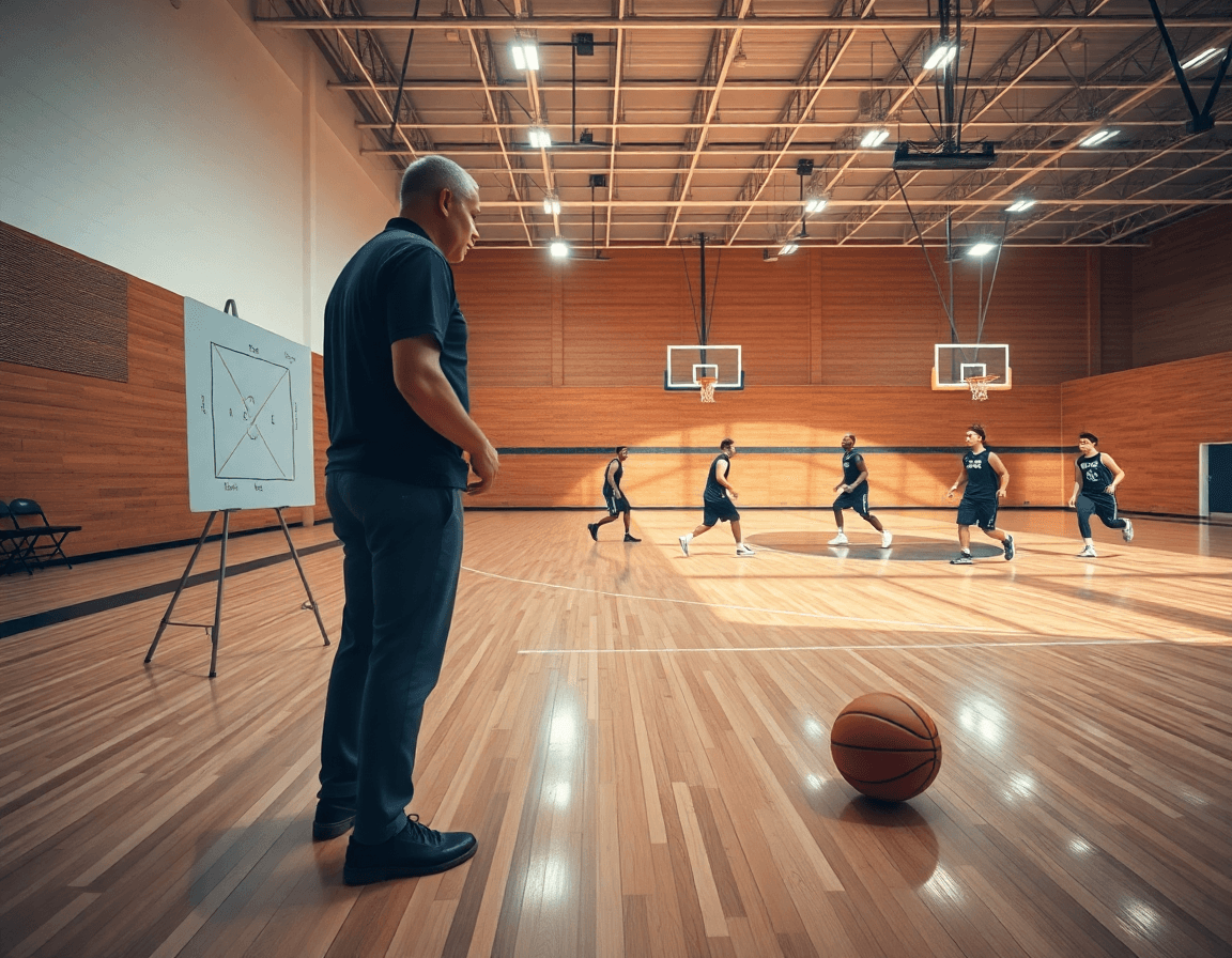 Scène d'ouverture dans une salle de basket, coach et joueurs exécuteurs du pick and roll basket.