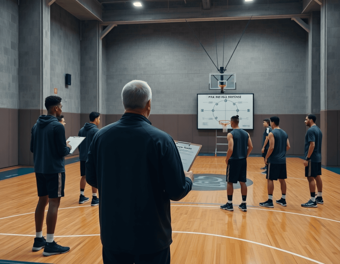 Le coach enseigne le pick and roll basketball defense devant une équipe sur le terrain.