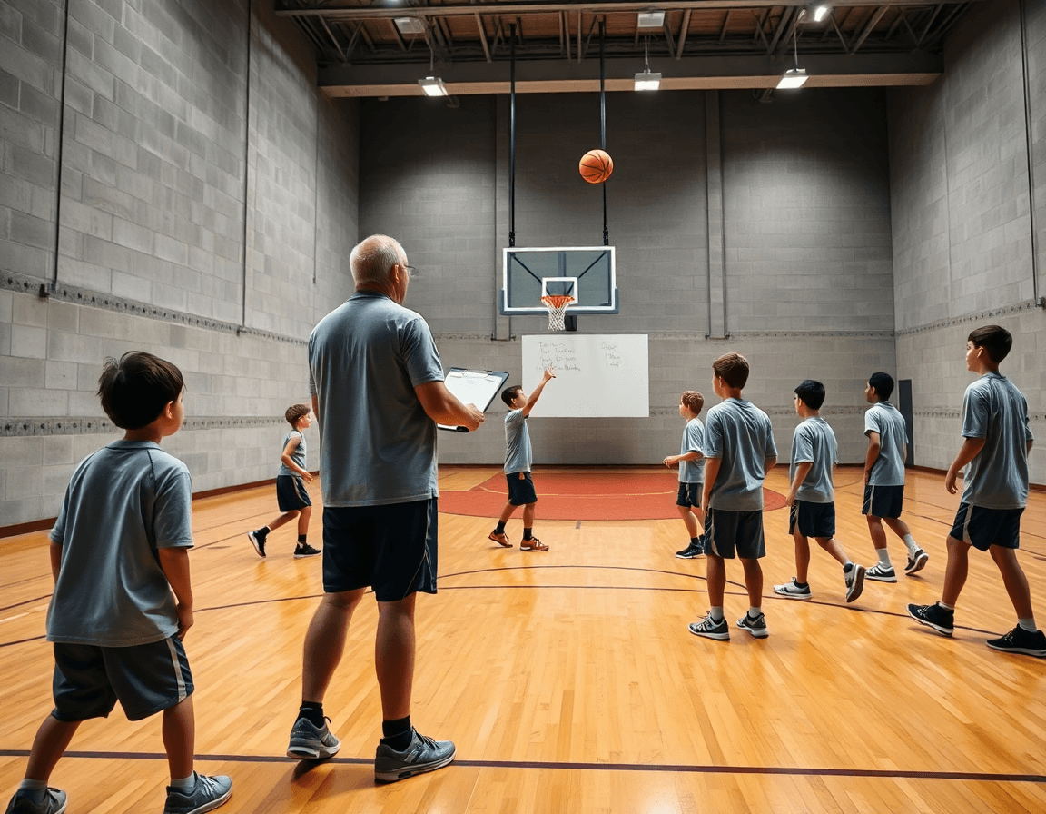 Vue d'ensemble d'un exercice basket enfant sur court intérieur, coach et jeunes pratiquant.