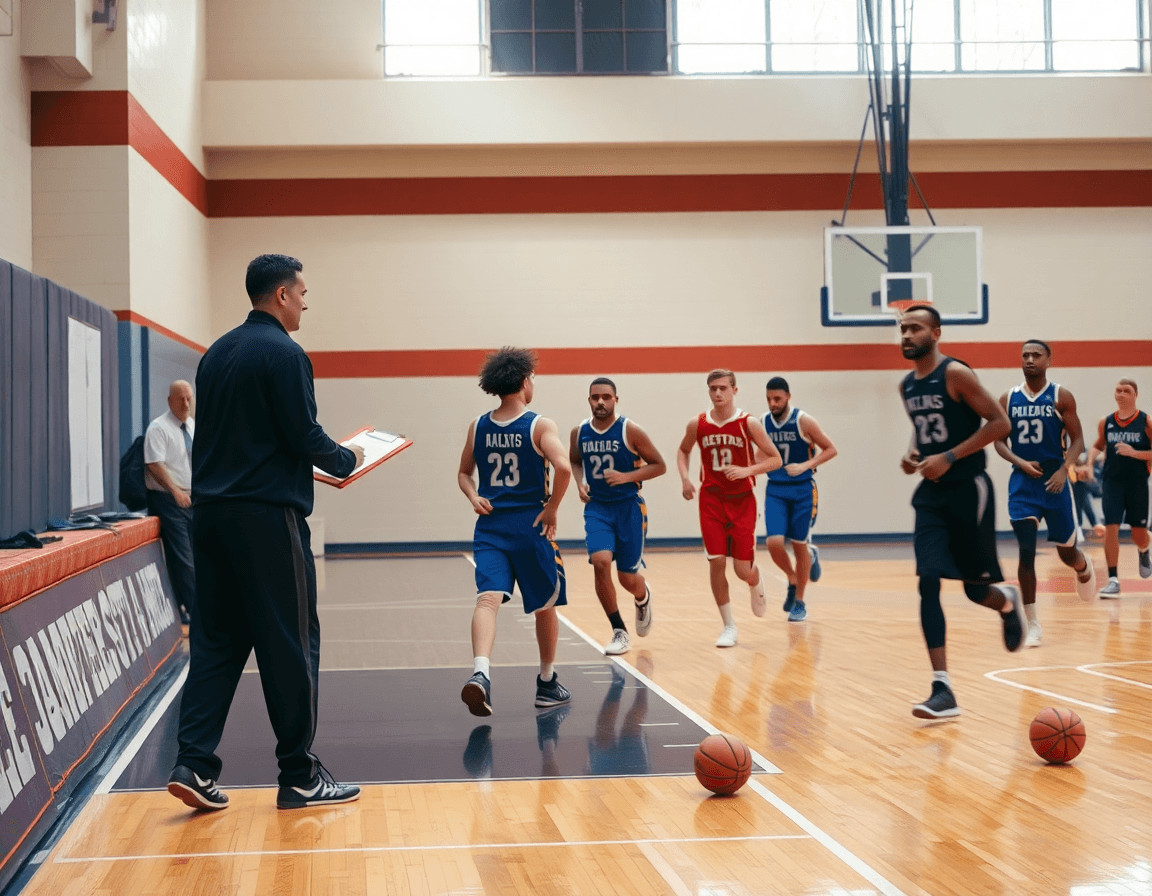 Plan serré montrant un entraîneur guidant une rotation sur la planche tactique basket en ligne pendant le basketball.
