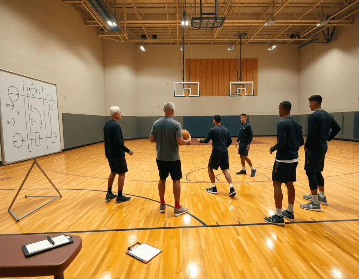Planche tactique basket en ligne affichée pendant une séance de basketball dans un gymnase.