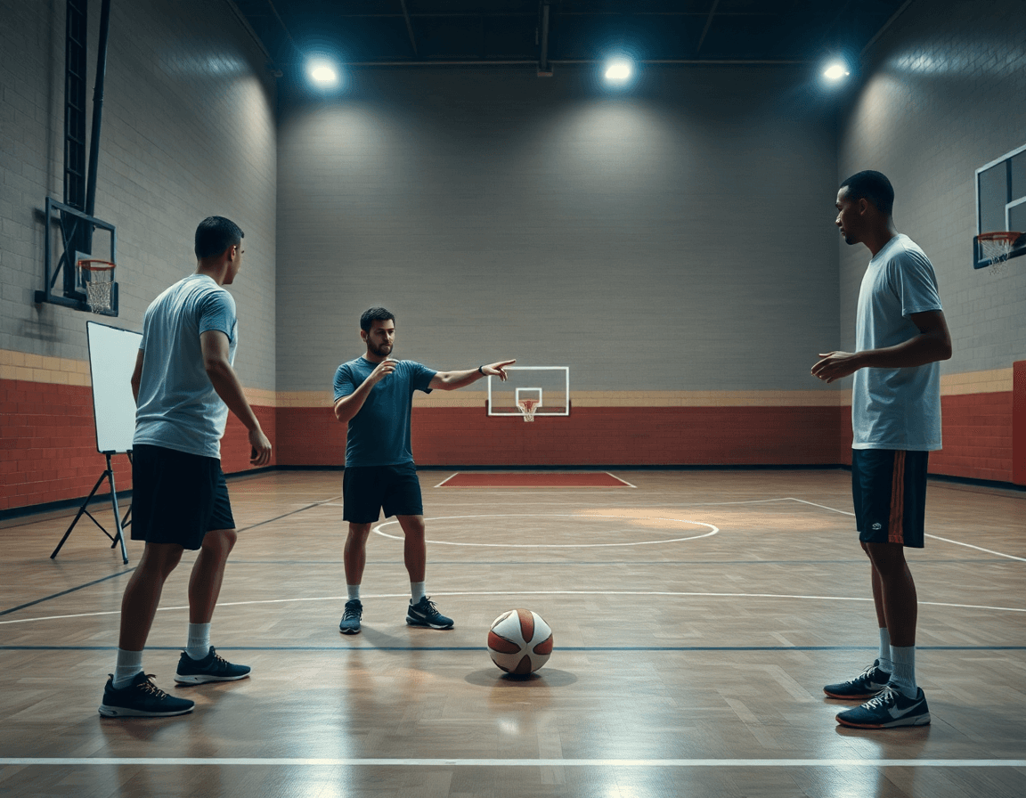Deux joueurs basket en passe rapide près de la ligne, le coach consulte le tableau.