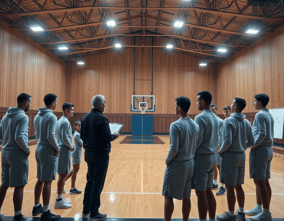 Plan d'ensemble cinématographique montrant des joueurs basket et un coach avec une fiche dans un gymnase.