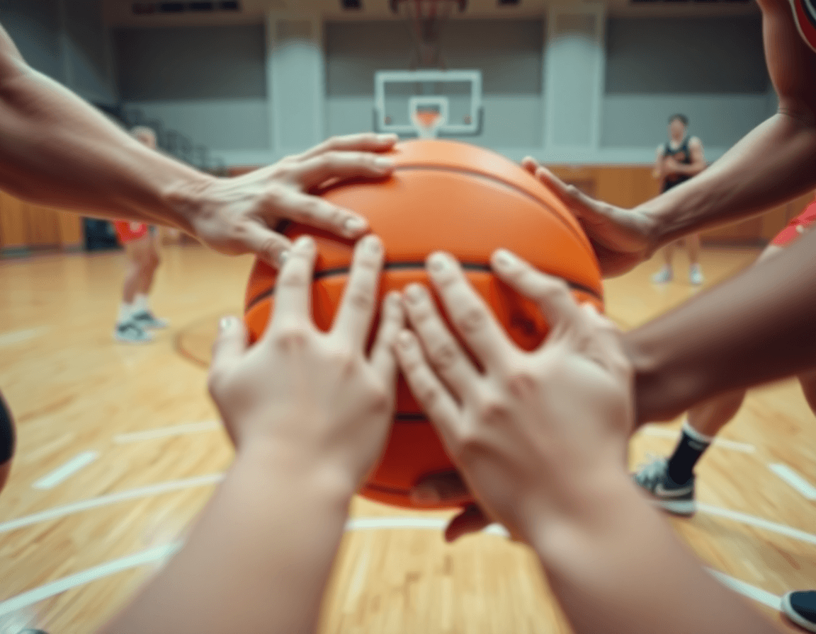 Plan serré sur les mains autour du ballon pendant des entrainements basket sur le terrain.