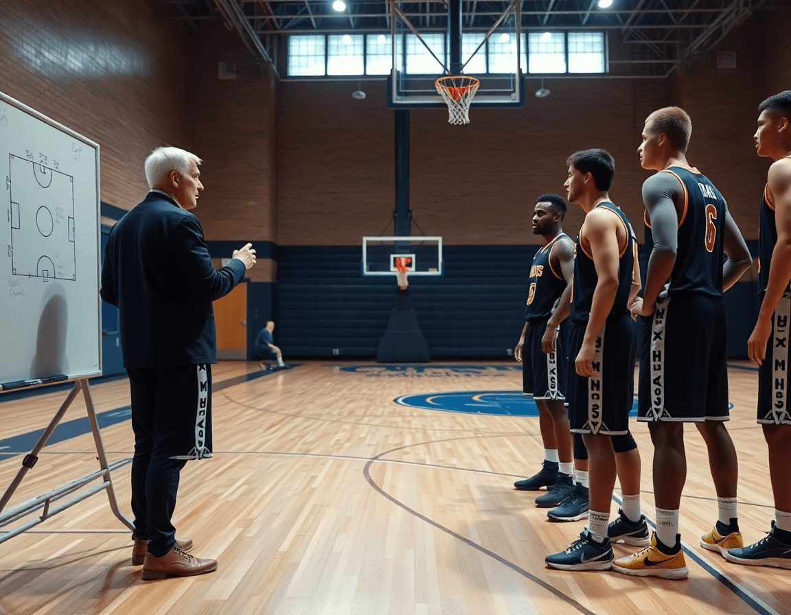 Coach explique des entrainements basket sur un tableau blanc pendant que les joueurs basket écoutent attentivement.