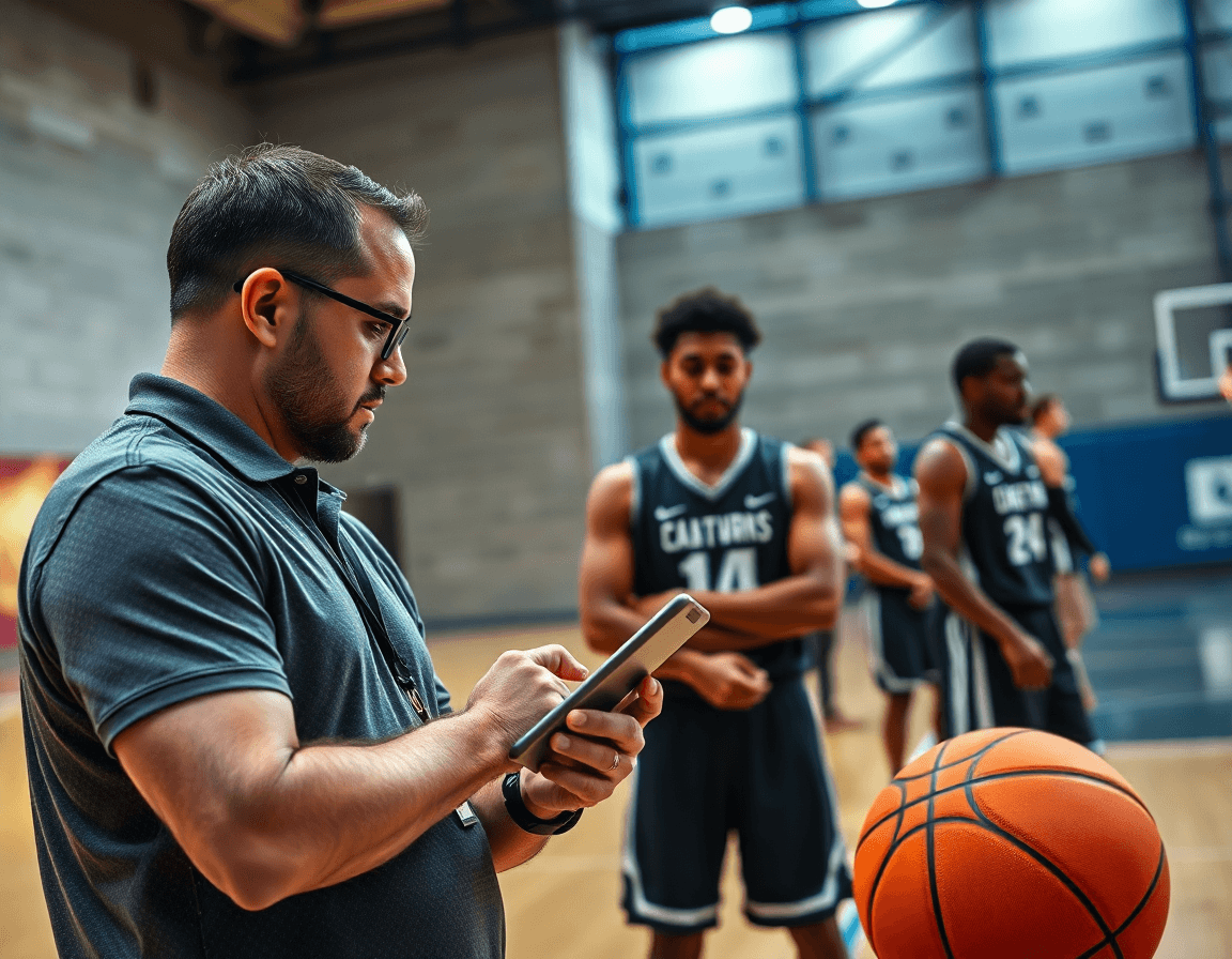 Un membre du staff regarde des clips basket sur une tablette pendant que les joueurs basket regardent.