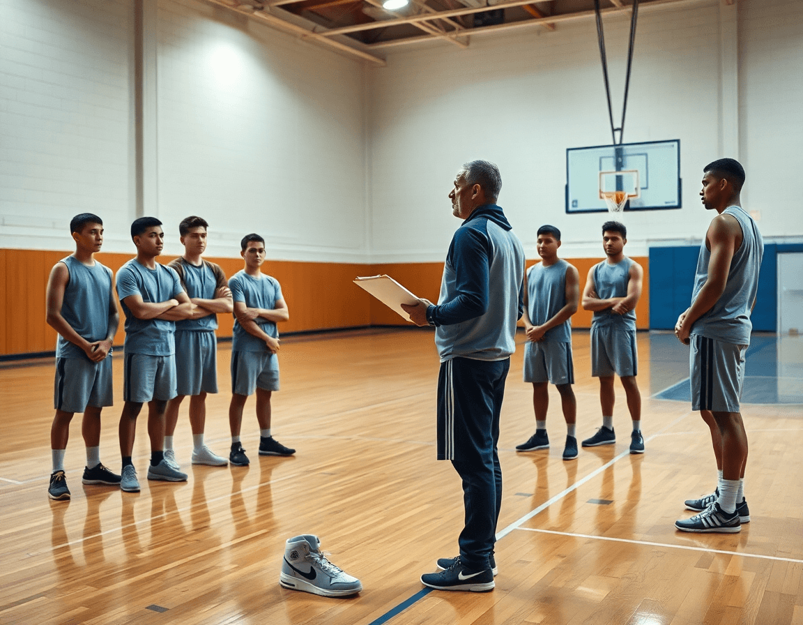 Plan général des entrainements basket hebdomadaires avec coach et équipe sur le terrain.