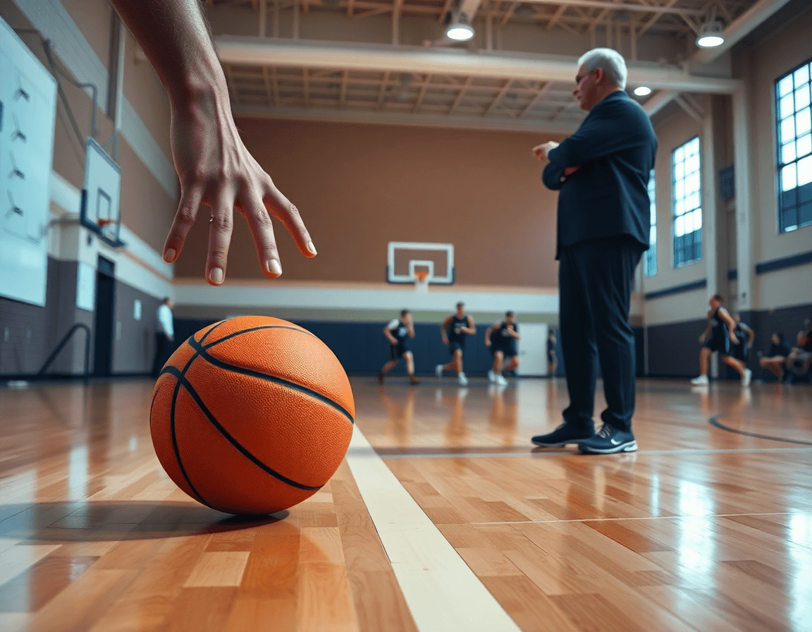 Premier plan: mains sur un orange basketball près de la ligne du haut, coach avec tableau blanc.