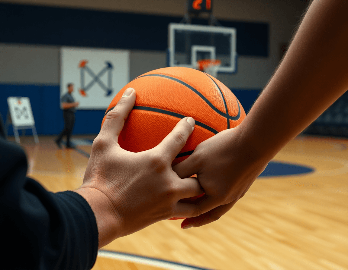 Premier plan: le coach montre un orange basketball près d’un tableau blanc pendant l'exercice.