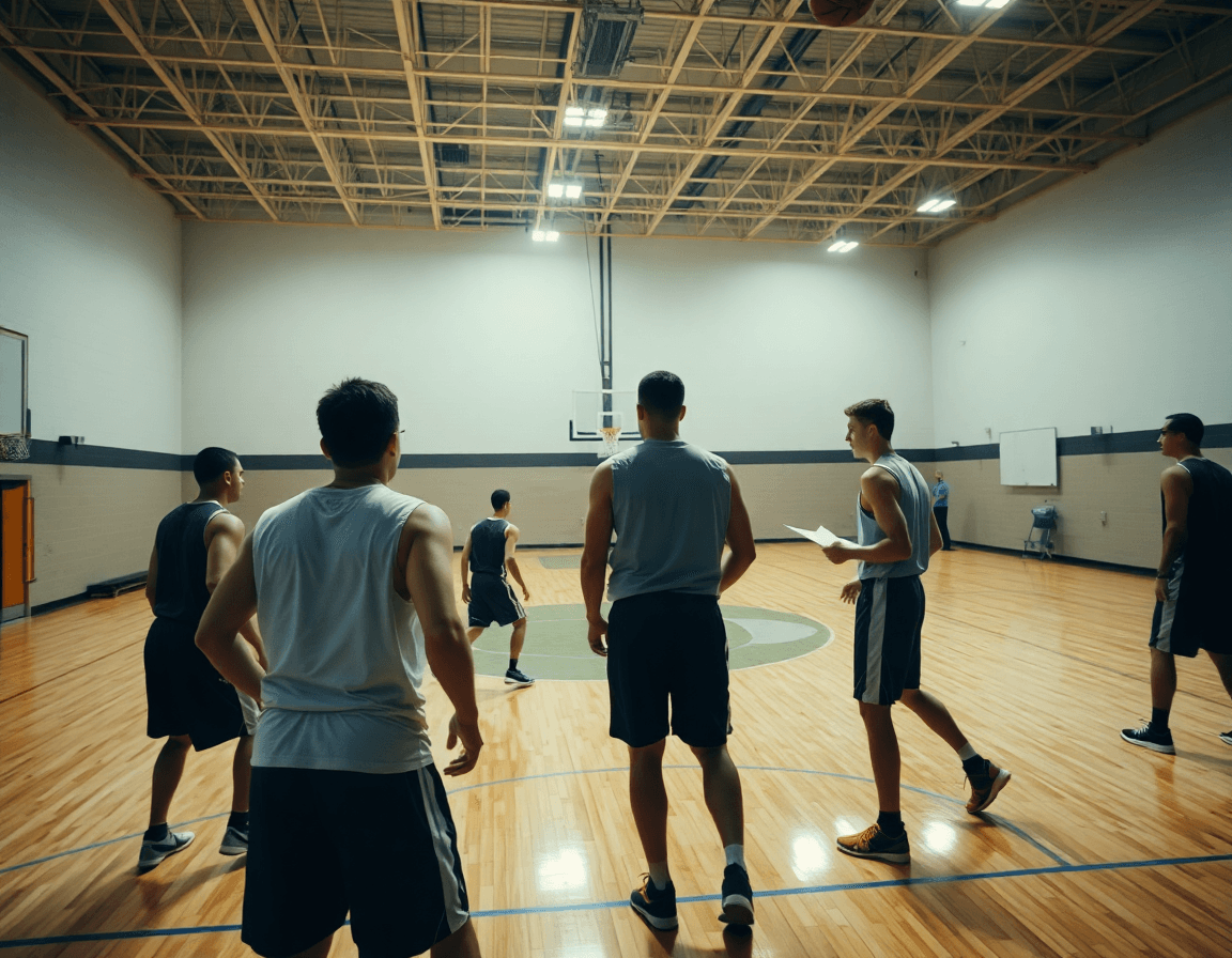 Coup d'œil: joueurs exécutent un exercice basket senior sur un terrain complet.