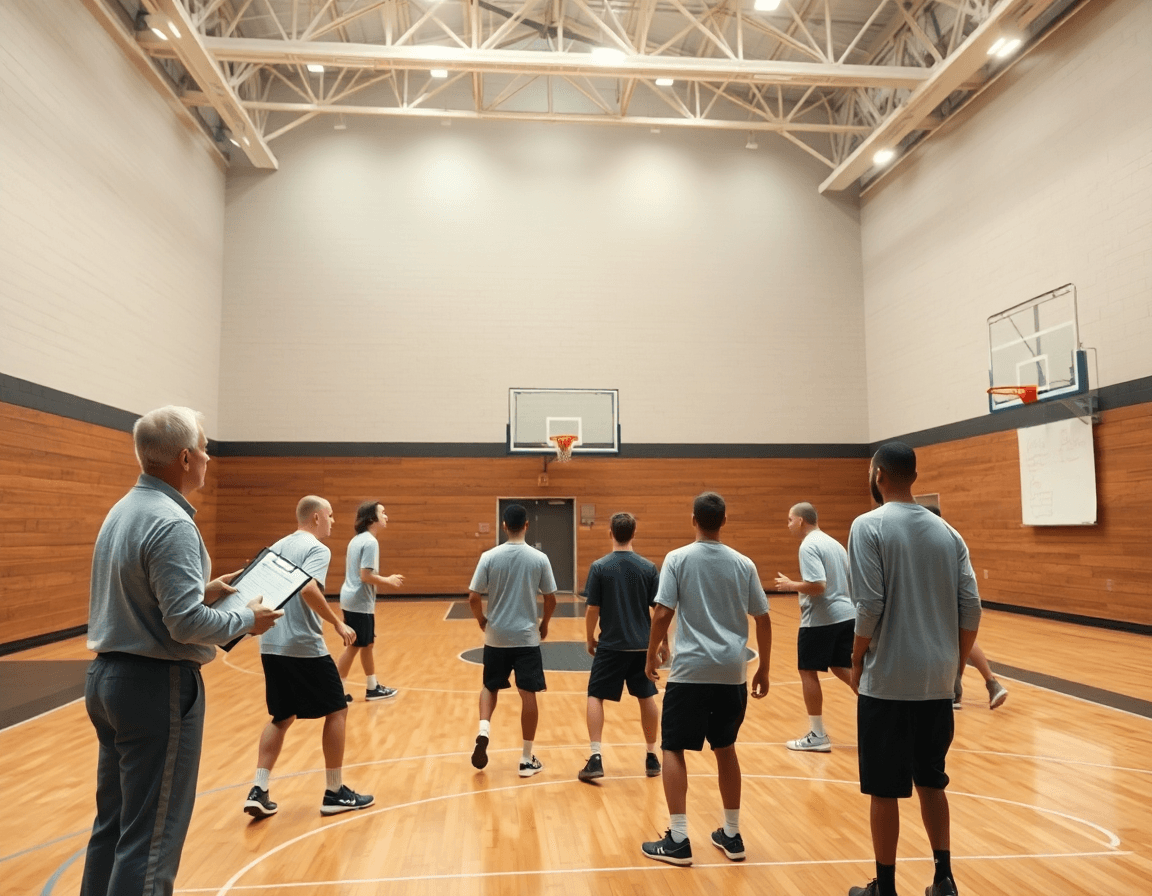 Dix joueurs et un coach réalisant un exercice basket senior sur un terrain intérieur, planification en cours.
