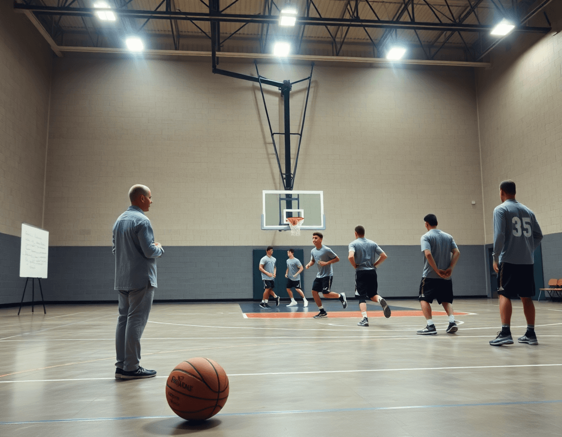 Vue d’ensemble du scouting basket pendant l’entraînement, le coach note sur le tableau blanc devant les joueurs.