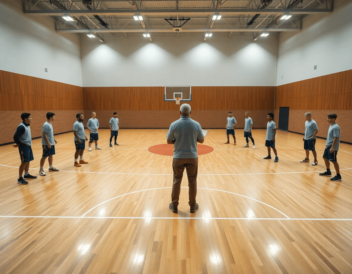 Vue panoramique d'un club basket en séance d'entraînement dans un gymnase, coach et joueurs concentrés.