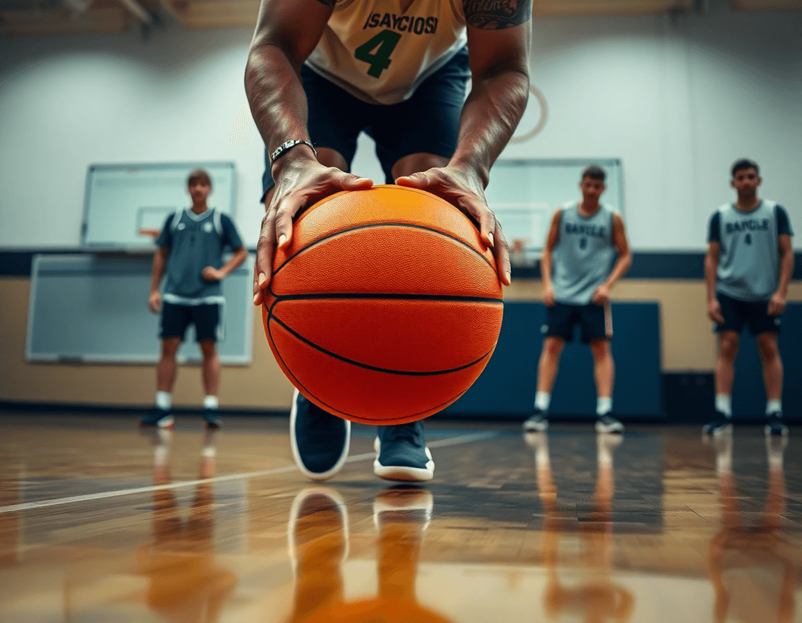 Plan sur les mains qui dribblent un basket sur un terrain en bois, coach et tableau blanc flou.