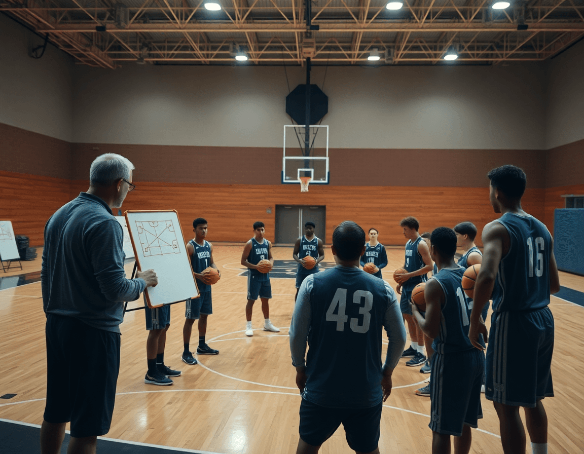 Coach discute d'un jeu fixé devant le tableau blanc pendant que les joueurs tiennent un basket et écoutent.