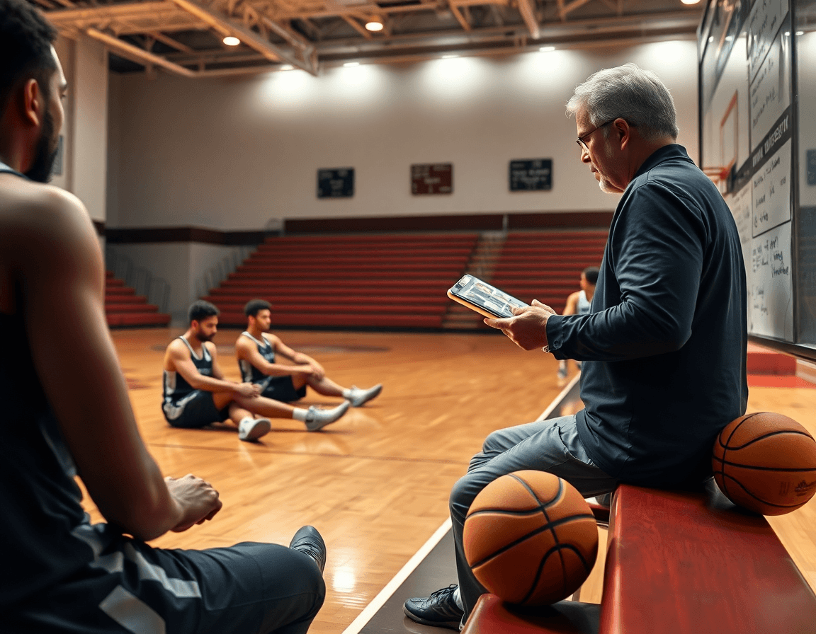 L'équipe examine des clips sur tablette pendant que le coach pointe des exemples pour le basket.