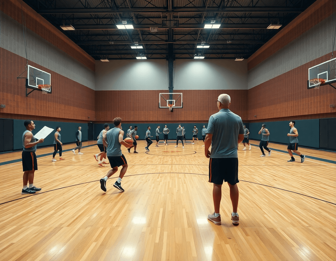 Vue large d'une salle de basket avec un coach et l'équipe en entraînement, tableau tactique et ballon orange.