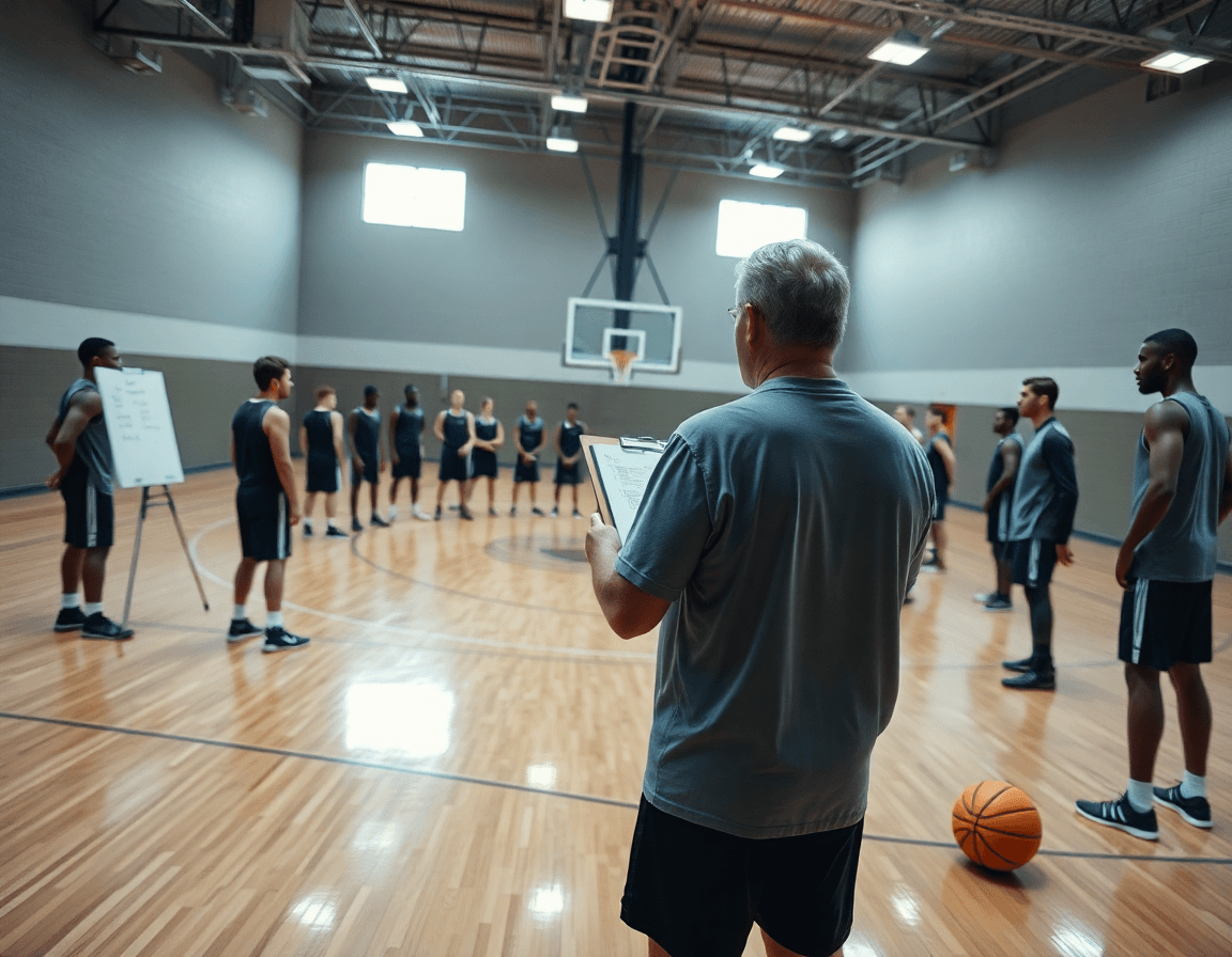 Plan d'un entraineur basket bourg en bresse dirigeant l'entraînement sur un grand terrain intérieur.